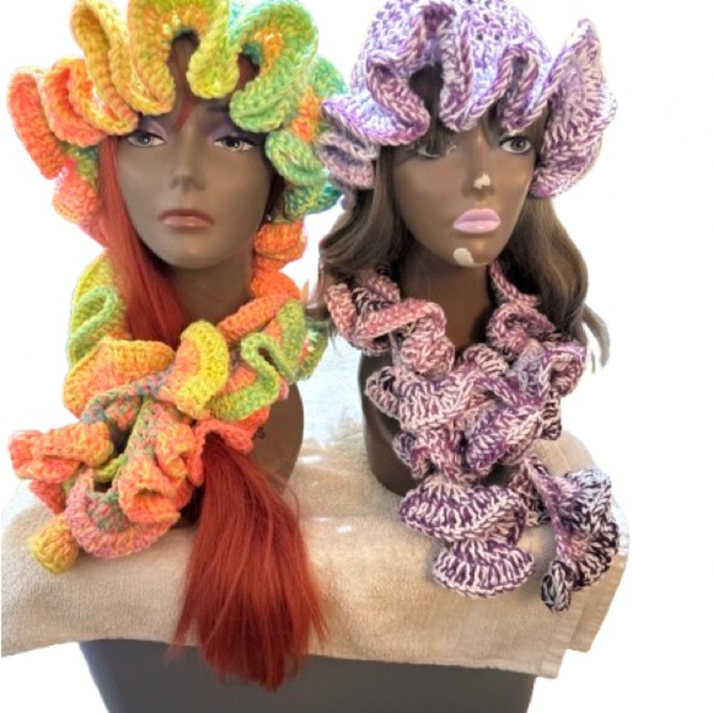 Hand made Colorful Knit Ruffle Hat and Scarf Set each